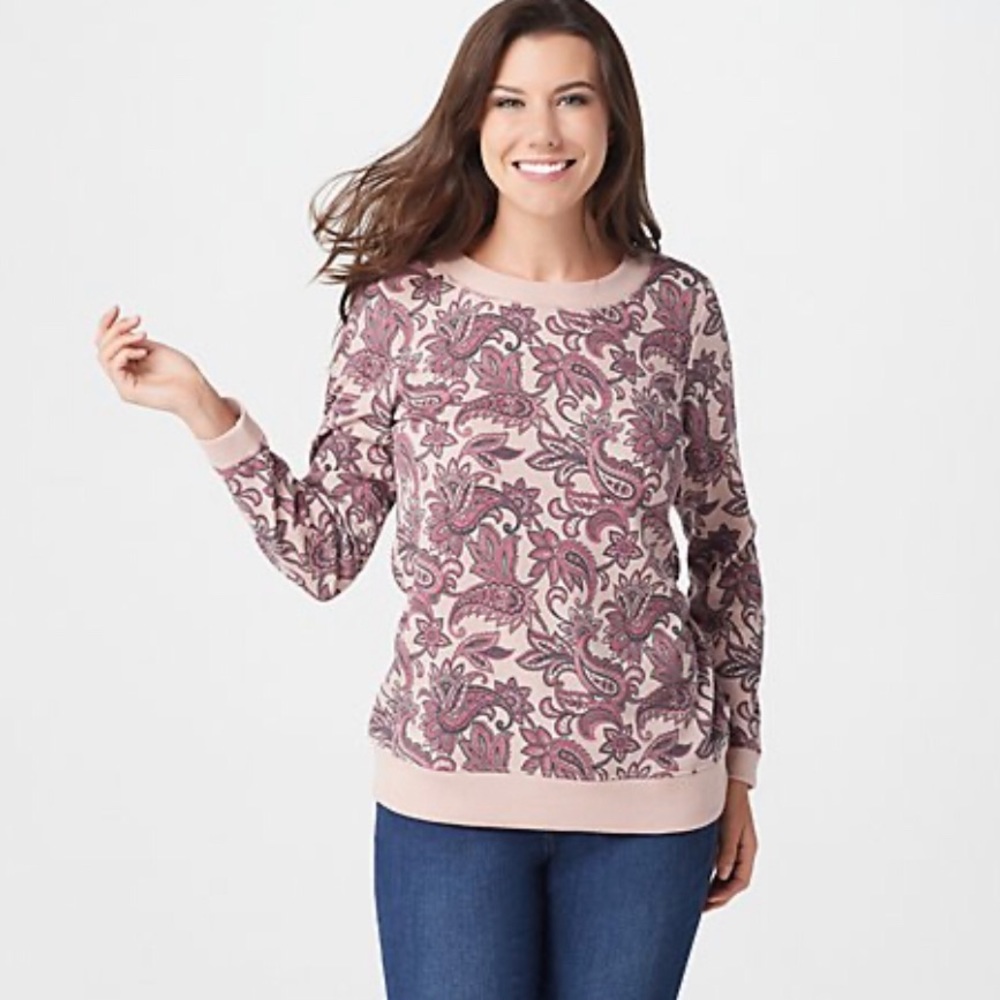 Denim&Co Printed Waffle Long-Sleeve Top Medium